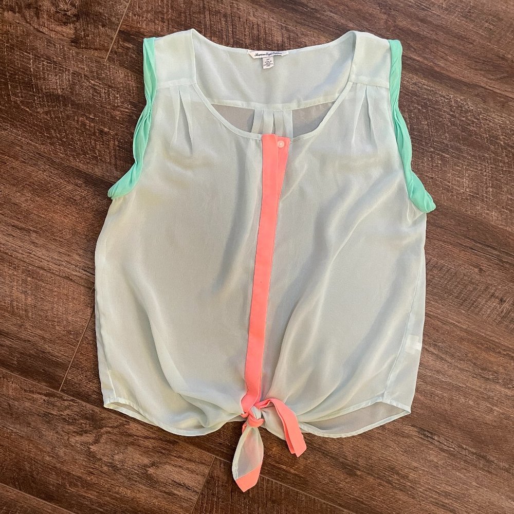 American Eagle Small Sheer Teal Tie Front Tank Top
